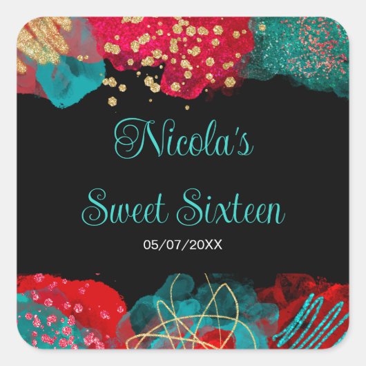 Red Alcohol Ink Sweet 16 Birthday Party Vierkante Sticker (Voorkant)