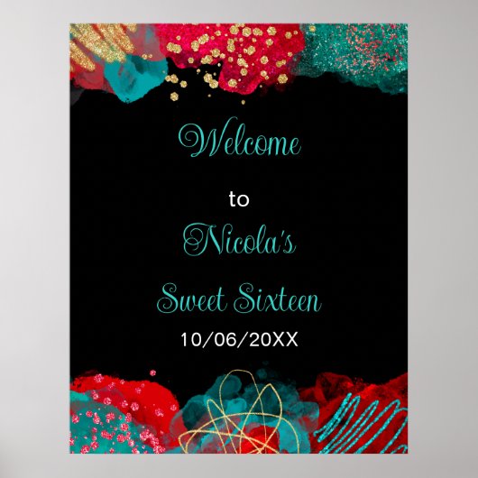 Red Alcohol Ink Sweet 16 Birthday Party Welcome Poster (Voorkant)