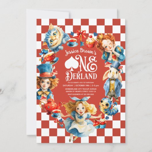 Red Alice in ONEDERLAND 1st Birthday Tea Party Kaart (Voorkant)