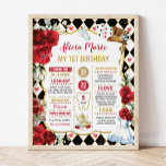 Red Alice in Wonderland 1st Birthday Milestone Poster<br><div class="desc">Schattig poster voor verjaardagskerbord met whimsical Alice in Wonderland in een rood,  zwart en goudkleurenschema</div>