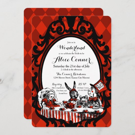 Red Alice in Wonderland Shower Invitations Kaart (Voorkant / Achterkant)