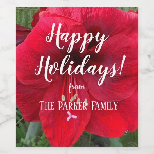 Red Amaryllis Bloom Personalized Holiday Wijn Etiket (Enkel label)