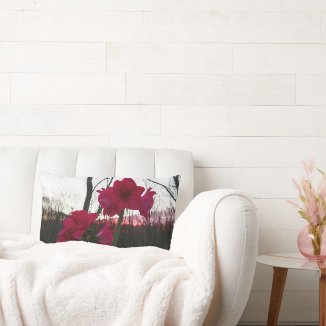 Red Amaryllis en Winter Sunrise Kussen (Bank)