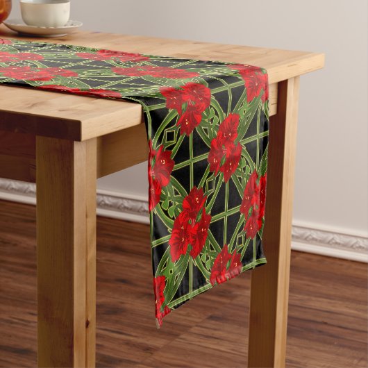 Red Amaryllis Floral Print Kersttable Runner Korte Tafelloper (Voorbeeld)