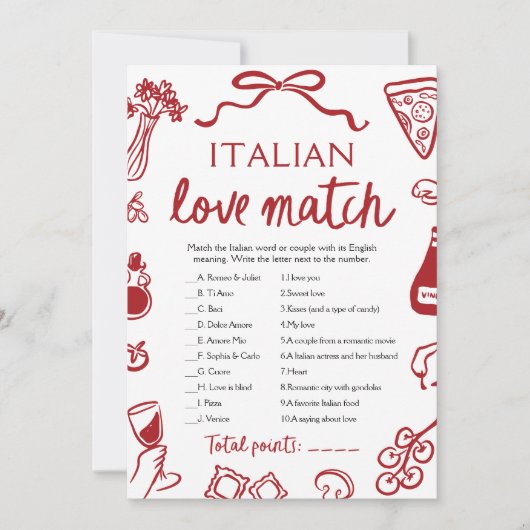 Red Amore Italian Love Match Vrijgezellenfeest Gam Kaart (Voorkant)