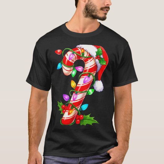 Red &amp; White Candy Cane Crew Christmas Santa Ha T-shirt (Voorkant)