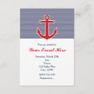 Red Anchor Nautical Blue & White Stripe Invitation Kaart