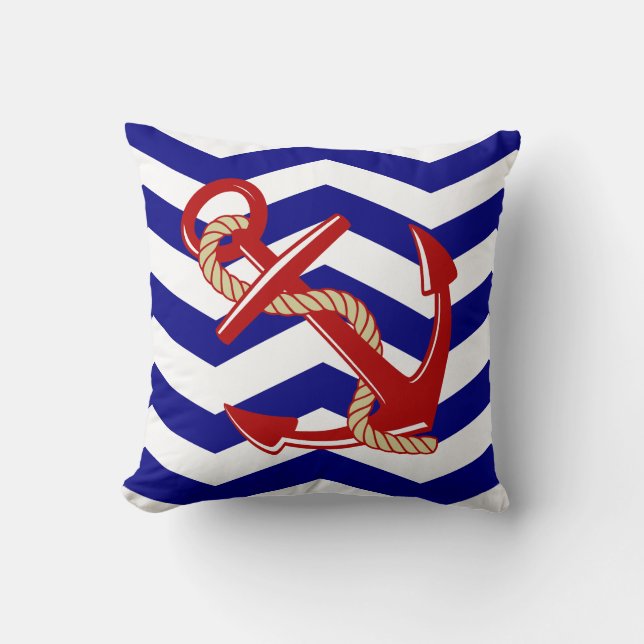Red Anchor Nautical Chevron Stripes Kussen (Voorkant)