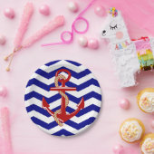 Red Anchor Nautical Chevron Stripes Papieren Bordje (Feest)