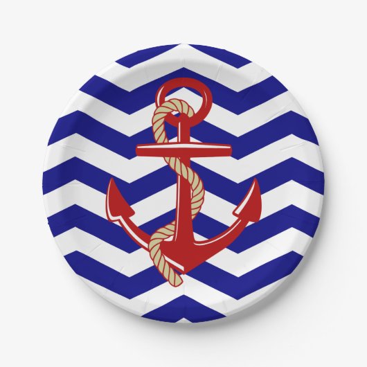 Red Anchor Nautical Chevron Stripes Papieren Bordje (Voorkant)