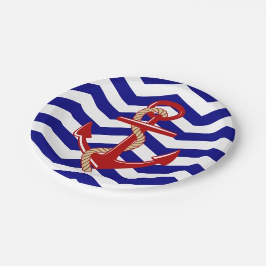 Red Anchor Nautical Chevron Stripes Papieren Bordje (Gekanteld)