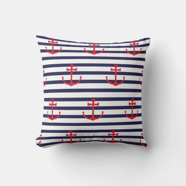 Red Anchor Pattern op Navy Blue Striped Background Kussen (Voorkant)
