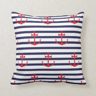 Red Anchor Pattern op Navy Blue Striped Background Kussen