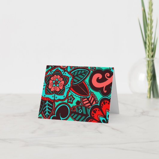 Red and Aqua Floral Kaart (Voorkant)