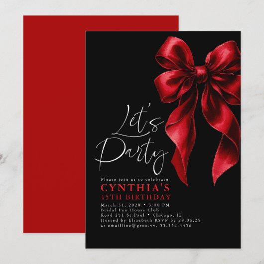Red and Black Bow Luxury Elegant Gala Birthday Kaart (Voorkant / Achterkant)