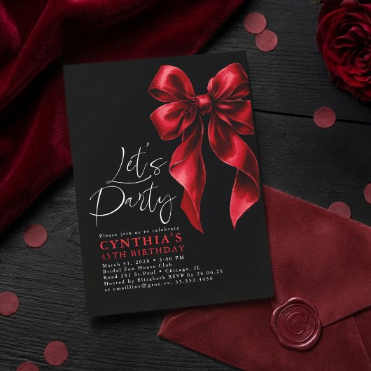Red and Black Bow Luxury Elegant Gala Birthday Kaart