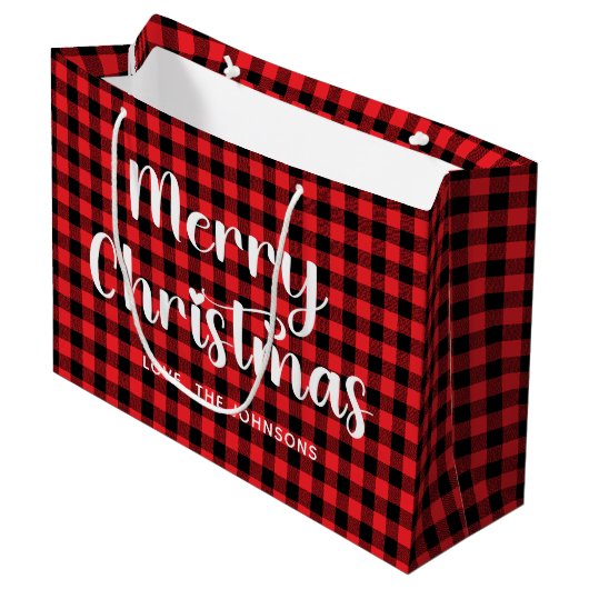 Red and Black Buffalo Plaid Merry Christmas Groot Cadeauzakje (Voorkant Gekanteld)
