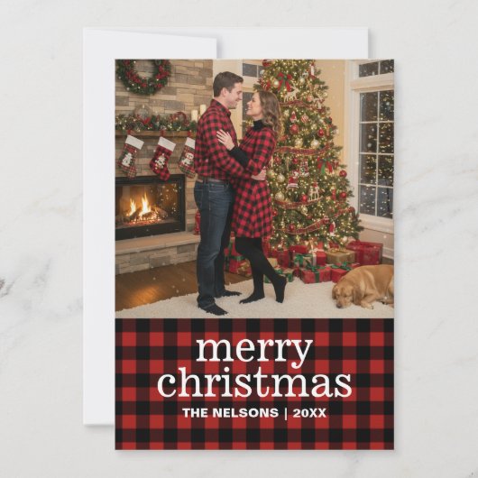 Red and Black Buffalo Plaid Merry Christmas Photo  Feestdagenkaart (Voorkant)