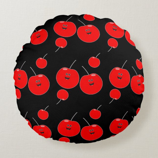 Red and Black Cherry Pattern Rond Kussen (Voorkant)
