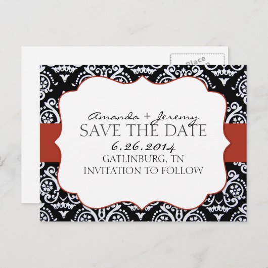 Red and Black Country Damask Patroon slaat de datu Aankondigingskaart (Voorkant / Achterkant)