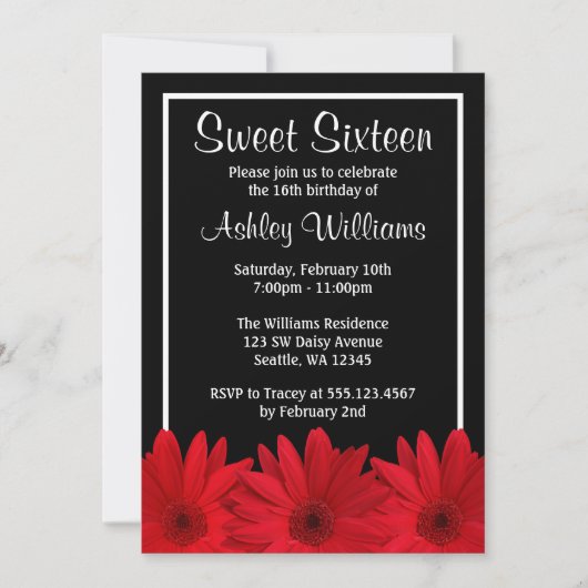Red and Black Daisy Sweet 16 Invitations Kaart (Voorkant)