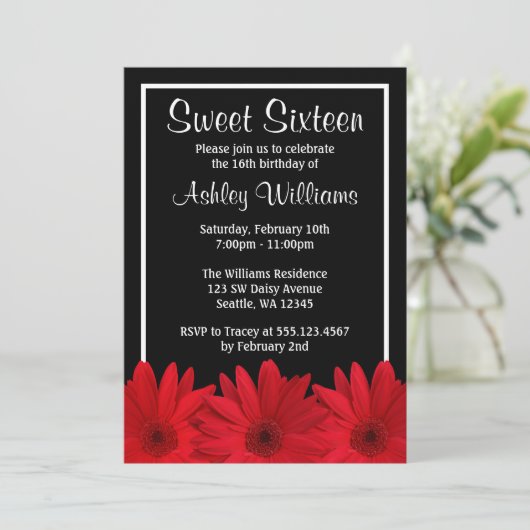Red and Black Daisy Sweet 16 Invitations Kaart (Staand voorkant)