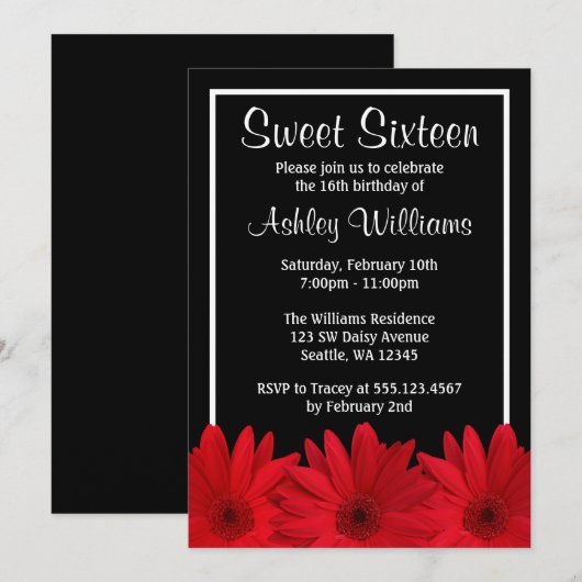 Red and Black Daisy Sweet 16 Invitations Kaart (Voorkant / Achterkant)