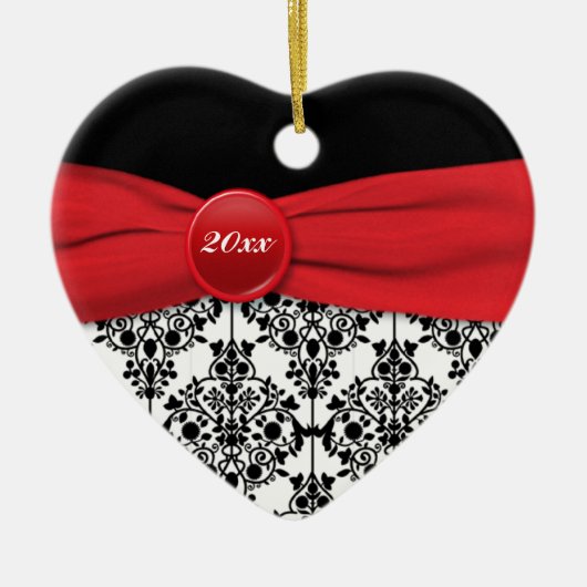 Red and Black Damask Kerstkerst Keepomwille Orname Keramisch Ornament (Voorkant)