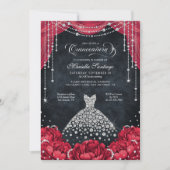 Red and Black Diamond Floral Quinceanera Kaart (Voorkant)