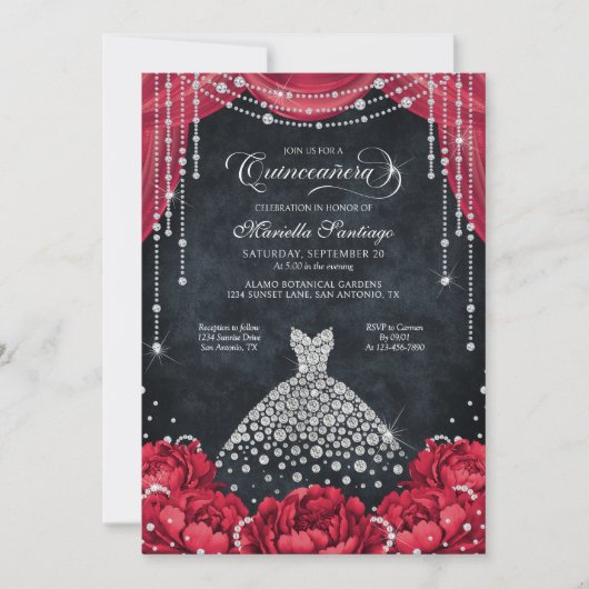 Red and Black Diamond Floral Quinceanera Kaart (Voorkant)