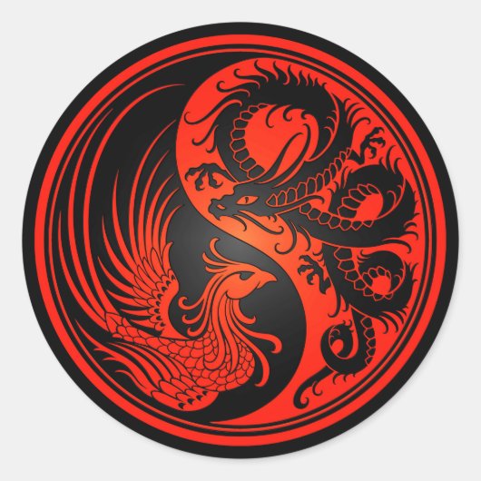 Red and Black Dragon Phoenix Yin Yang Ronde Sticker (Voorkant)