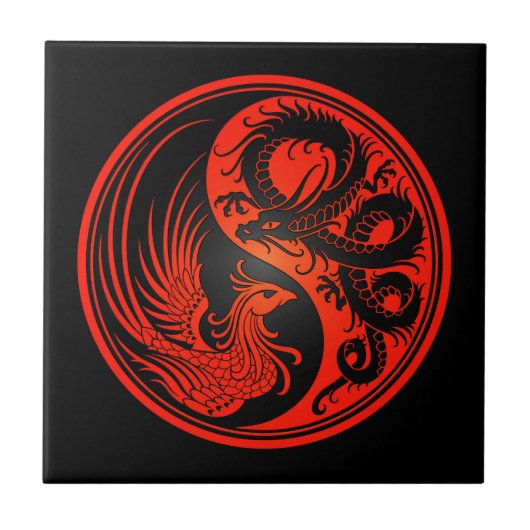 Red and Black Dragon Phoenix Yin Yang Tegeltje (Voorkant)