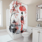 Red and Black Floral Geisha | Douchegordijn (In situ)