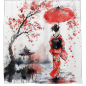 Red and Black Floral Geisha | Douchegordijn (Voorkant)