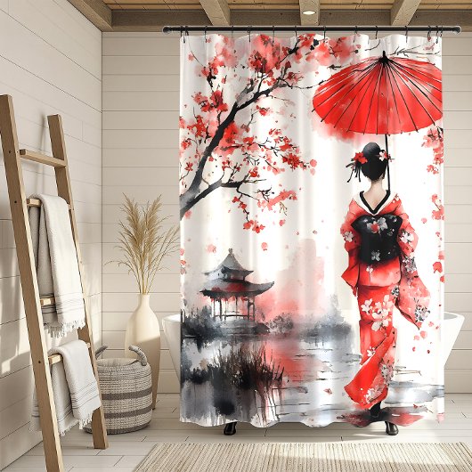 Red and Black Floral Geisha | Douchegordijn