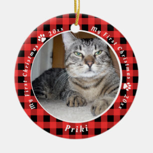 Red and Black Gingham Cat is mijn eerste Kerstmis Keramisch Ornament