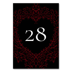 Red and Black Heart Gothic Wedding Table Number Kaart
