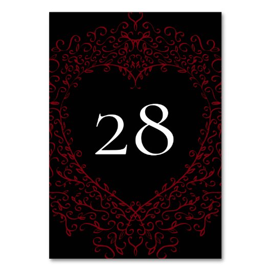 Red and Black Heart Gothic Wedding Table Number Kaart (Voorkant)