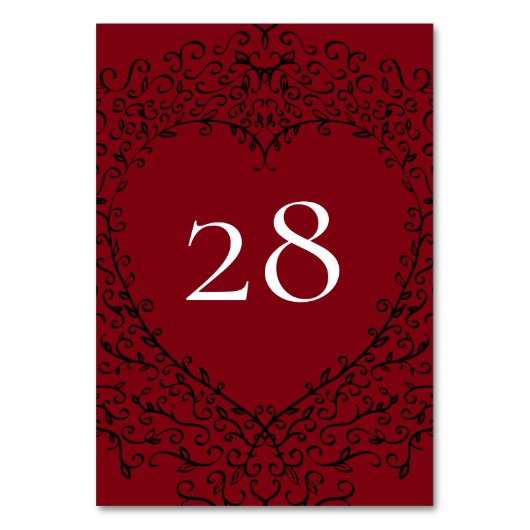 Red and Black Heart Gothic Wedding Table Number Kaart (Voorkant)