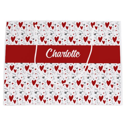 Red and Black Hearts Custom Monogram Name Groot Cadeauzakje (Voorkant)