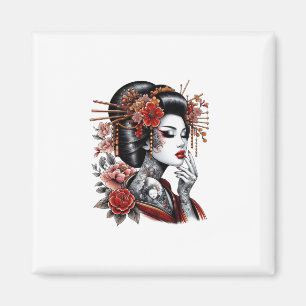 Red and Black Japanese Geisha Tattoo - Elegant Tra Magneet