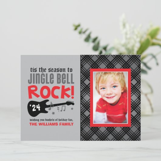 Red and Black Jingle Bell Rock Guitar Music Foto Feestdagenkaart (Staand voorkant)