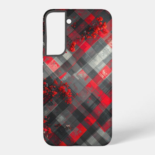 Red and Black Plaid with Floral Accent Samsung Galaxy Hoesje (Achterkant)