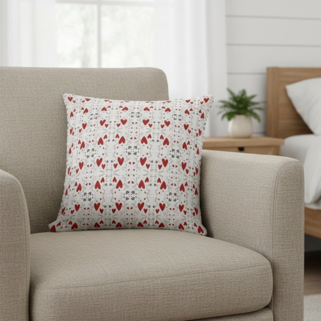 Red and Black Retro Hand Drawn Hearts Love  Kussen (cute red and black hearts hand drawn doodles accent pillow for her valentines theme bedroom decor)