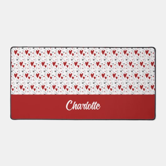 Red and Black Retro Hearts Monogram Name Bureaumat (Voorkant)