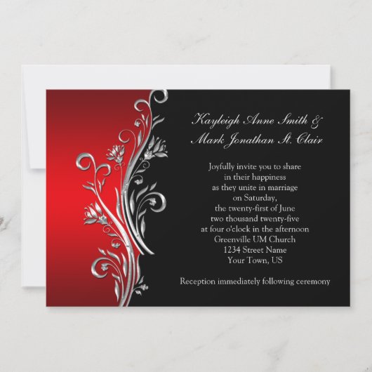 Red and Black Silver  Swirls Wedding Aankondiging (Voorkant)