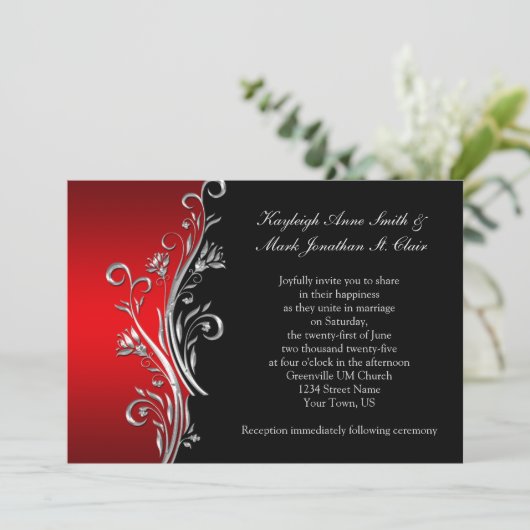 Red and Black Silver  Swirls Wedding Aankondiging (Staand voorkant)
