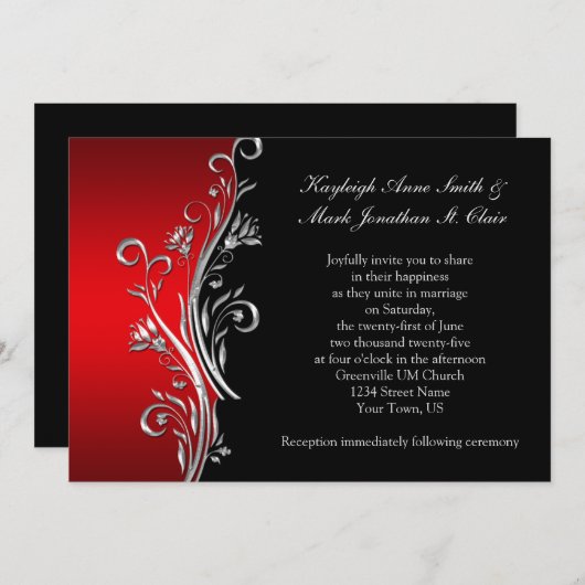 Red and Black Silver Swirls Wedding Aankondiging (Voorkant / Achterkant)