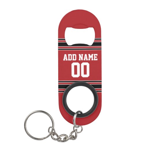 Red and Black Sports Jersey Custom Name Number Sleutelhanger Flessenopener (Voorkant)