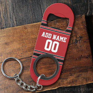 Red and Black Sports Jersey Custom Name Number Sleutelhanger Flessenopener